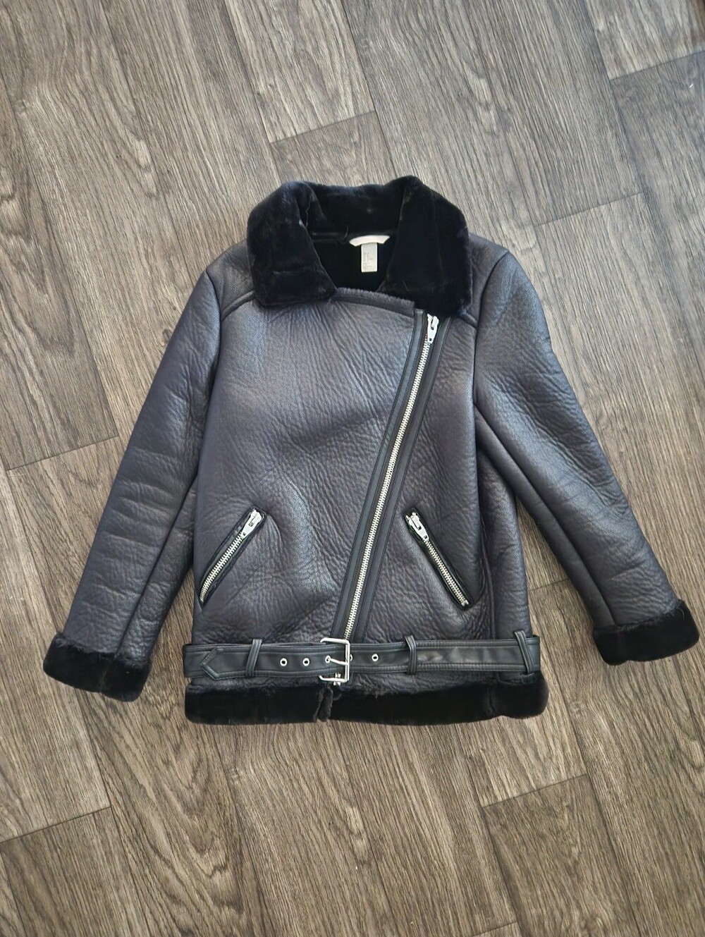 H&M Women's Faux Leather Oversized Biker Aviator Moto Jacket Faux Fur Lining 8